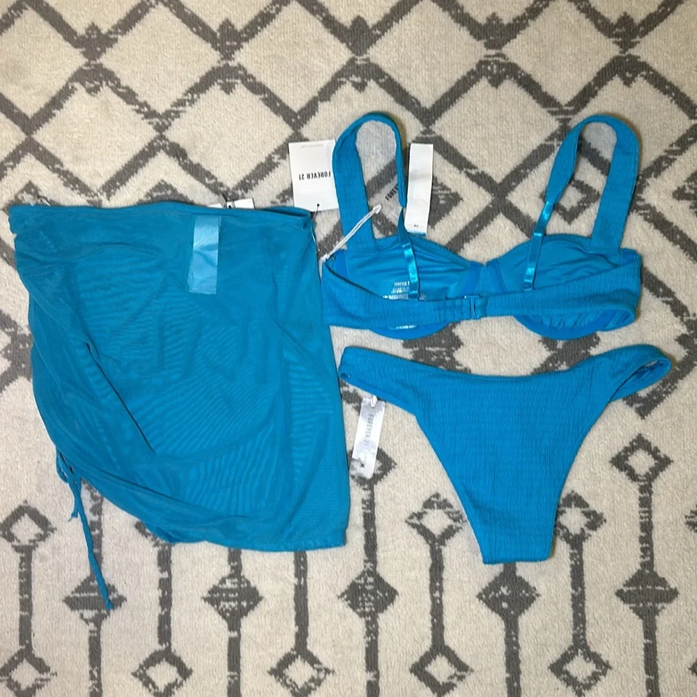 Forever 21 Turquoise Blue Bikini Set with Sheer Sarong